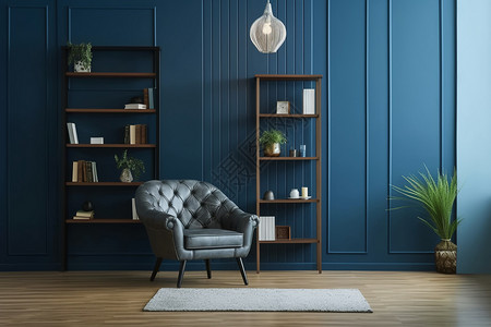 蓝色椅子蓝色墙壁背景和书架装饰背景