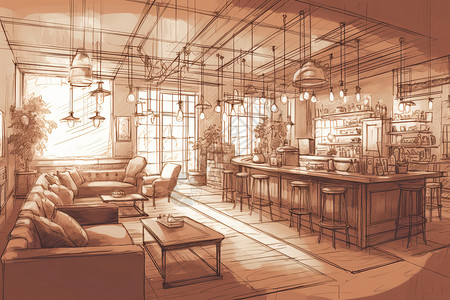 咖啡厅装修空间设计的草图插画