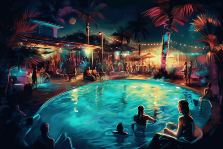 游泳池派对夜间泳池派对的艺术插画
