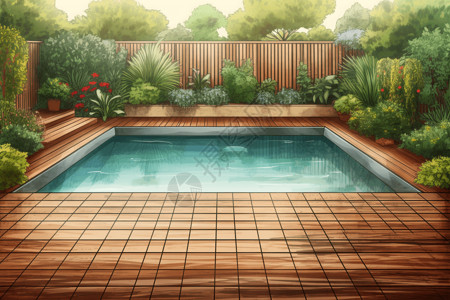 带木制甲板的游泳池图片