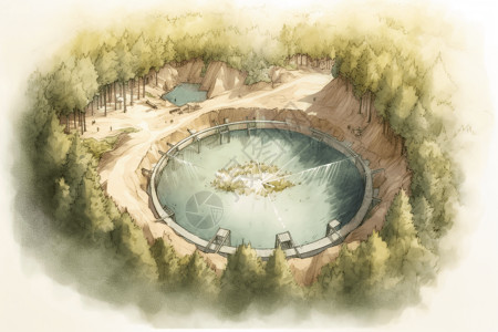 湖边水库树木环绕的水库插画