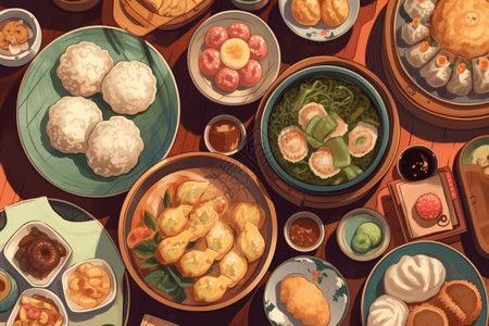 饺子俯视摆满点心菜肴的桌子插画