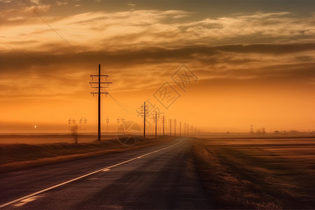 黄昏道路风景夕阳下的电线杆背景