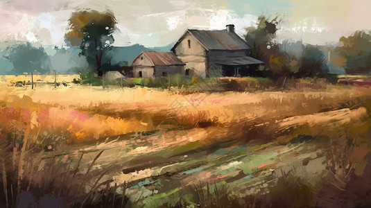一幅描绘乡下房子的油画图片