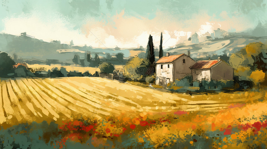 一幅描绘着古朴的农舍和盛开的田野的油画图片
