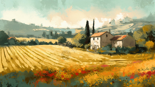 一幅描绘着古朴的农舍和盛开的田野的油画背景图片