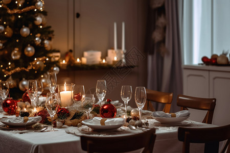 圣诞晚餐的餐桌装饰品图片