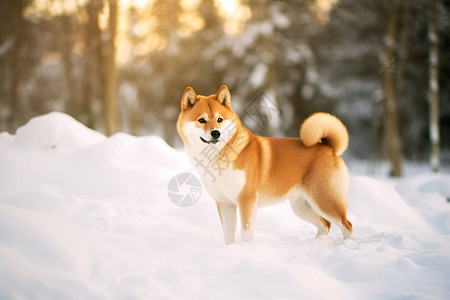 秋田犬在雪地里玩耍背景图片