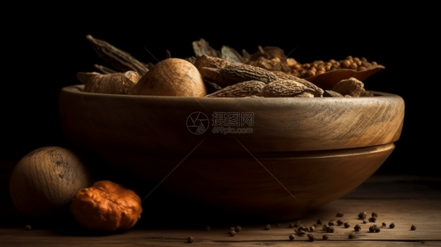木碗中的草药和香料图片