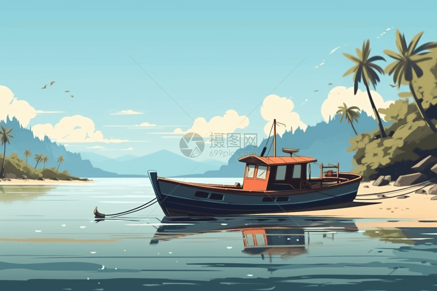 风景如画的岛屿附近停泊一艘渔船图片