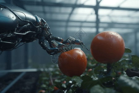 成熟西红柿温室中的机械臂装着番茄设计图片