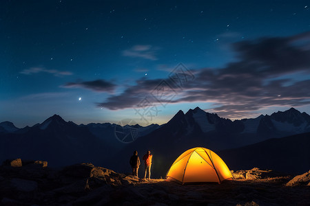 夜间星星夜晚星空下山中露营场景背景