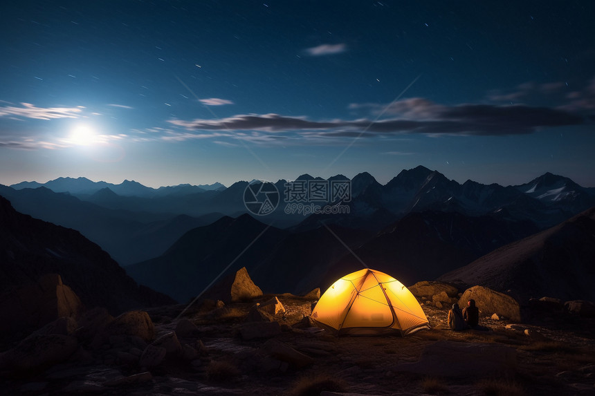 夜晚山中露营场景图片