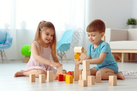 可爱的孩子在玩积木背景图片