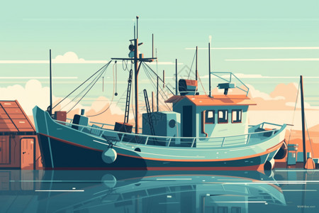 海洋装备等待出海的渔船插画