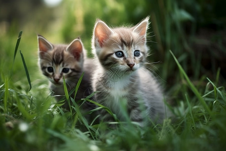 小猫在绿草上玩耍背景图片