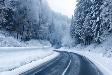 白雪皑皑的森林小路图片