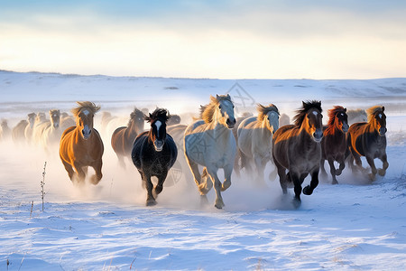 冬天雪地奔驰的马群背景图片