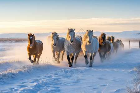 雪地奔驰的骏马马群图片
