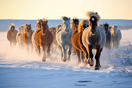冬天雪地奔驰的骏马马群背景图片