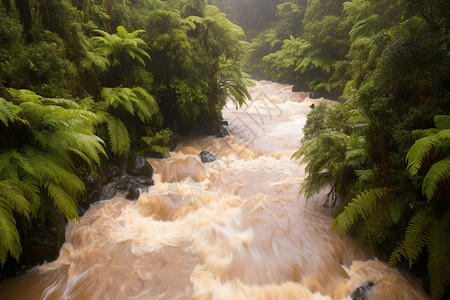 倾盆大雨湍急的河流背景