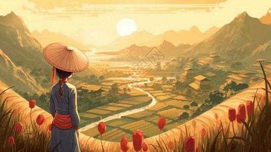 一个穿梭在稻田里看远处风景的女孩背景图片