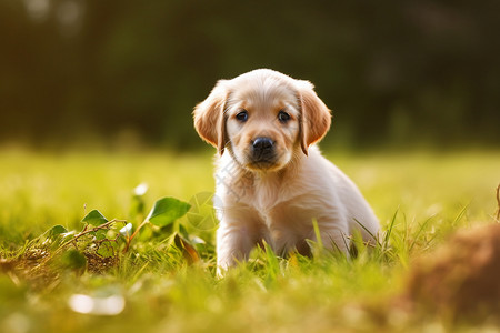 一只坐着草坪上的小狗可爱高清图片素材