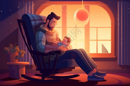 吓到宝宝了父亲和他的婴儿在摇椅上睡着了插画