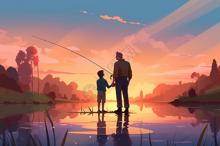 父亲节卡通插图父子俩在河边钓鱼插画
