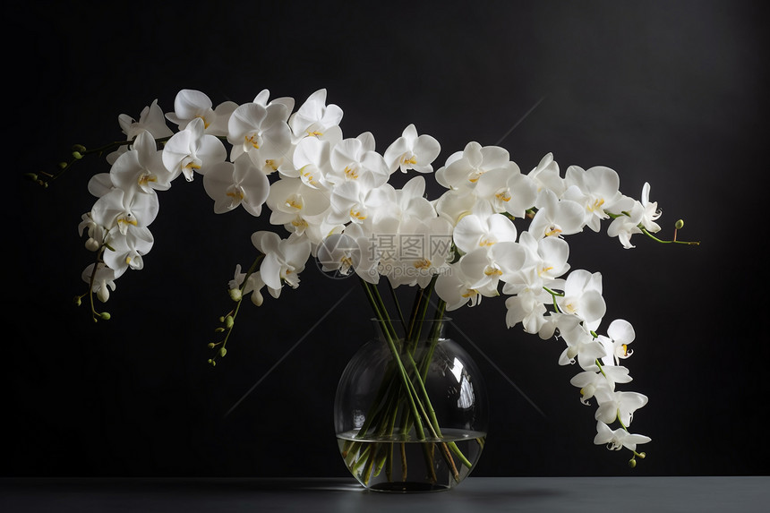 花瓶中的白色兰花花束图片
