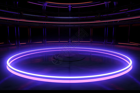 圆形平台紫色霓虹灯光勾勒的展台设计图片