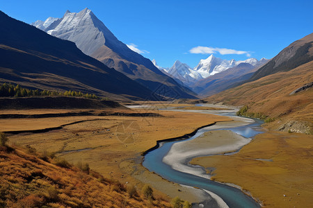 高清河流素材河流两岸的草地和远处的雪山背景