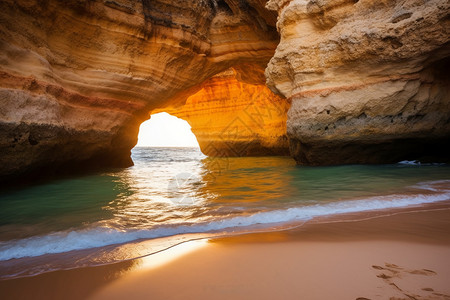 美丽的日出海岸洞穴高清图片
