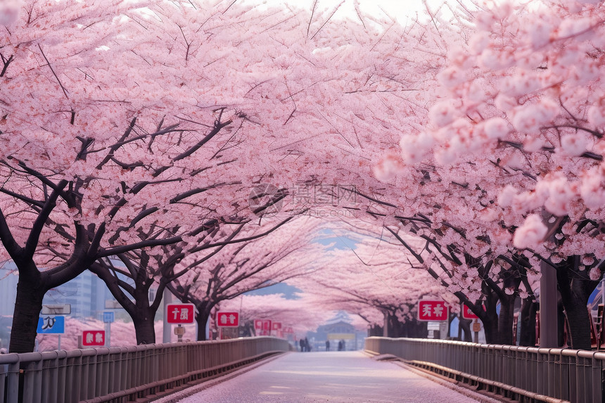 盛开的樱花马路景观图片