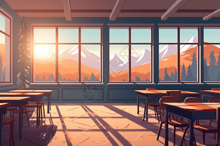 校园桌子一个带窗户的教室插画