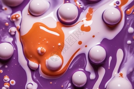 牛奶泡沫紫色奶油泡沫与橙色液滴设计图片