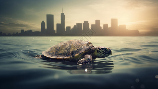 乌龟照片素材海洋城市化主题的合成图一张海龟在水中背景是城市天际线设计图片