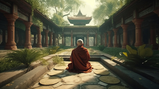 一位老和尚在寺庙花园里冥想背景