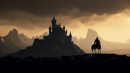城堡和龙剪影背景下的骑士背景图片