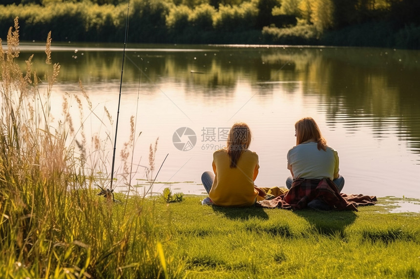 两个年轻女孩坐在湖边聊天图片