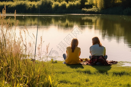 两个年轻女孩坐在湖边聊天高清图片