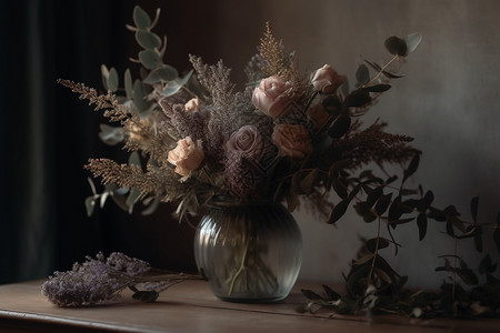 桌面上摆放的花瓶和鲜花图片