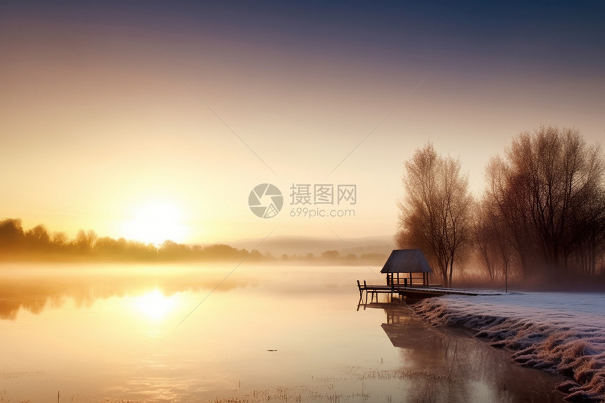 冬天日出的河边图片