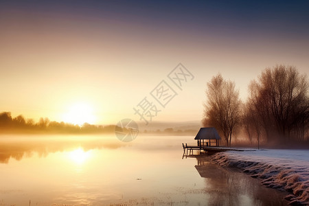 冬天日出的河边图片