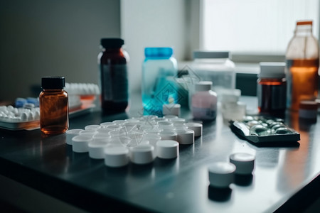 白色桌子上的许多药品高清图片