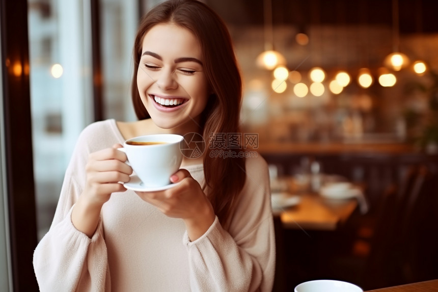 年轻漂亮的女孩端着咖啡杯微笑图片