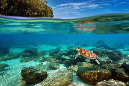 海龟科动物蓝色海洋内的海龟背景