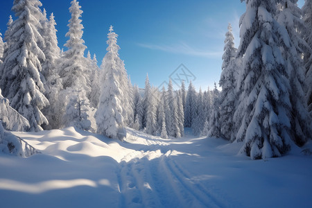雪山上洁白的雪松景观图片