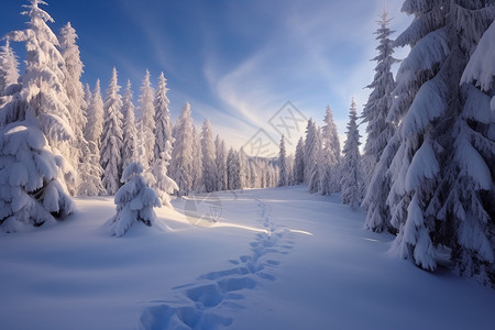 蓝天下洁白的森林雪景图片