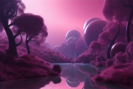 紫色梦幻森林湖边背景展示图片
